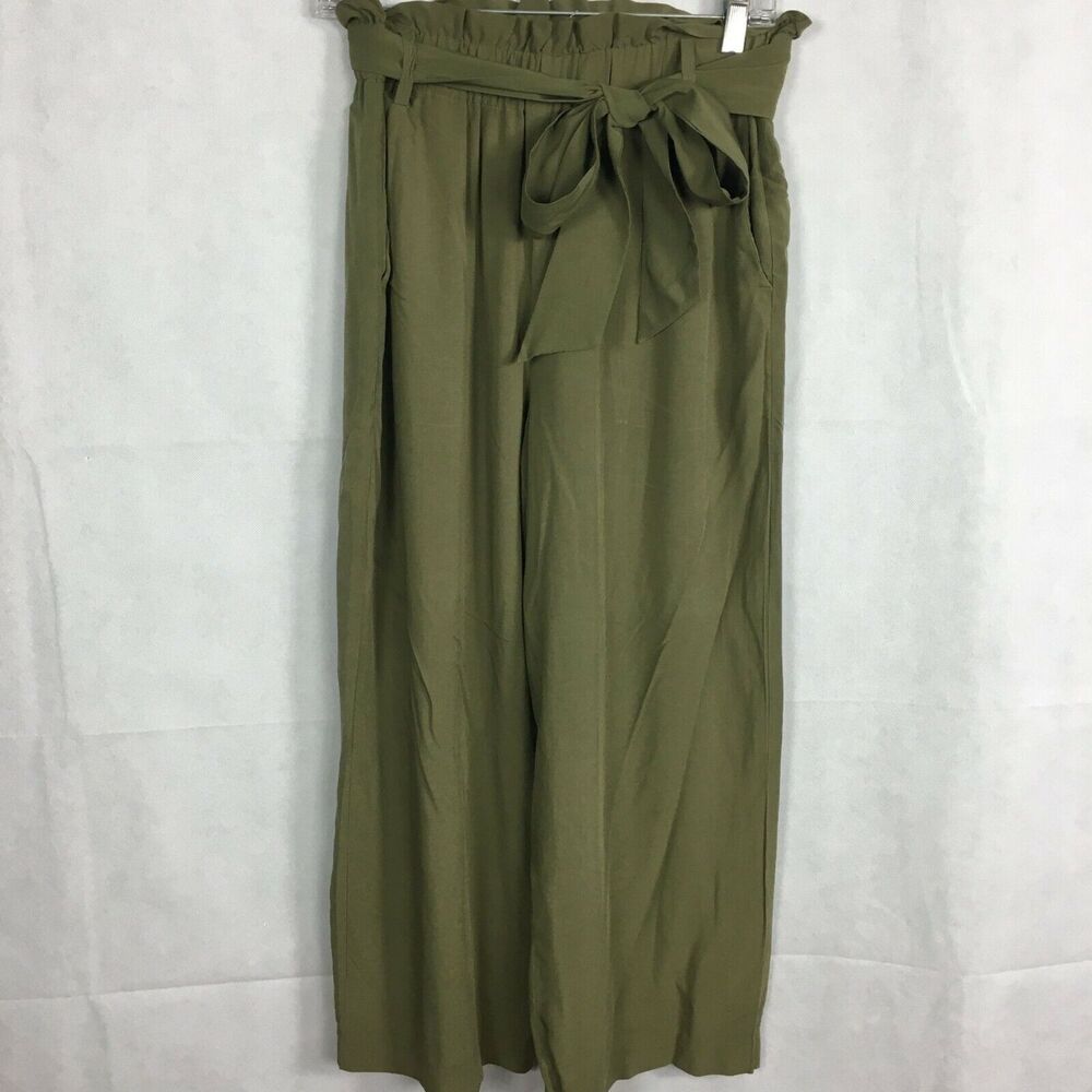 Point Sur Pants Womens Sz 2 Olive Green Cropped Paper Bag Belted Wide Leg